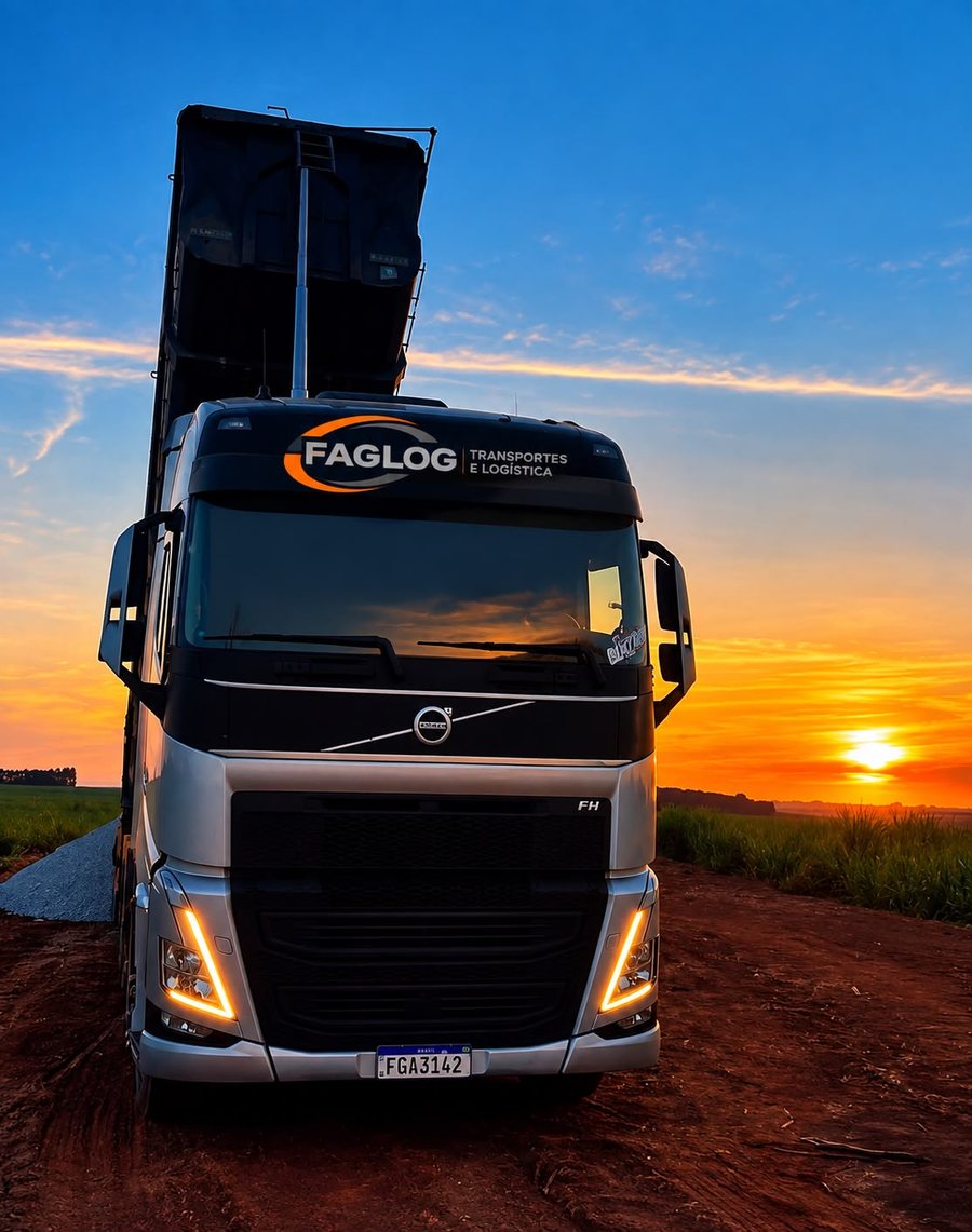 Caminhão Volvo FH da FAGLOG com a caçamba basculada ao pôr do sol