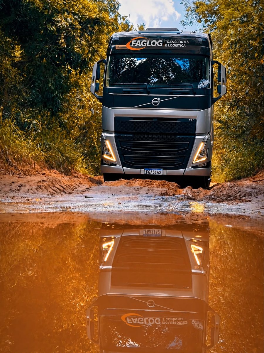 Caminhão Volvo FH da FAGLOG em estrada de terra refletido em poça d'água